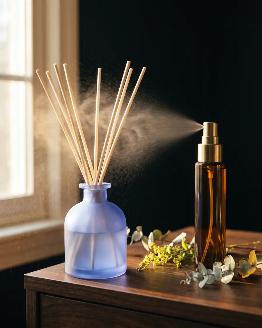 A frosted blue reed diffuser and an amber room-spray bottle releasing a fine mist in golden light