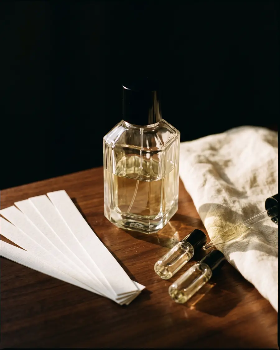 A faceted glass perfume flacon with blotter strips and two roller vials on a dark wooden table