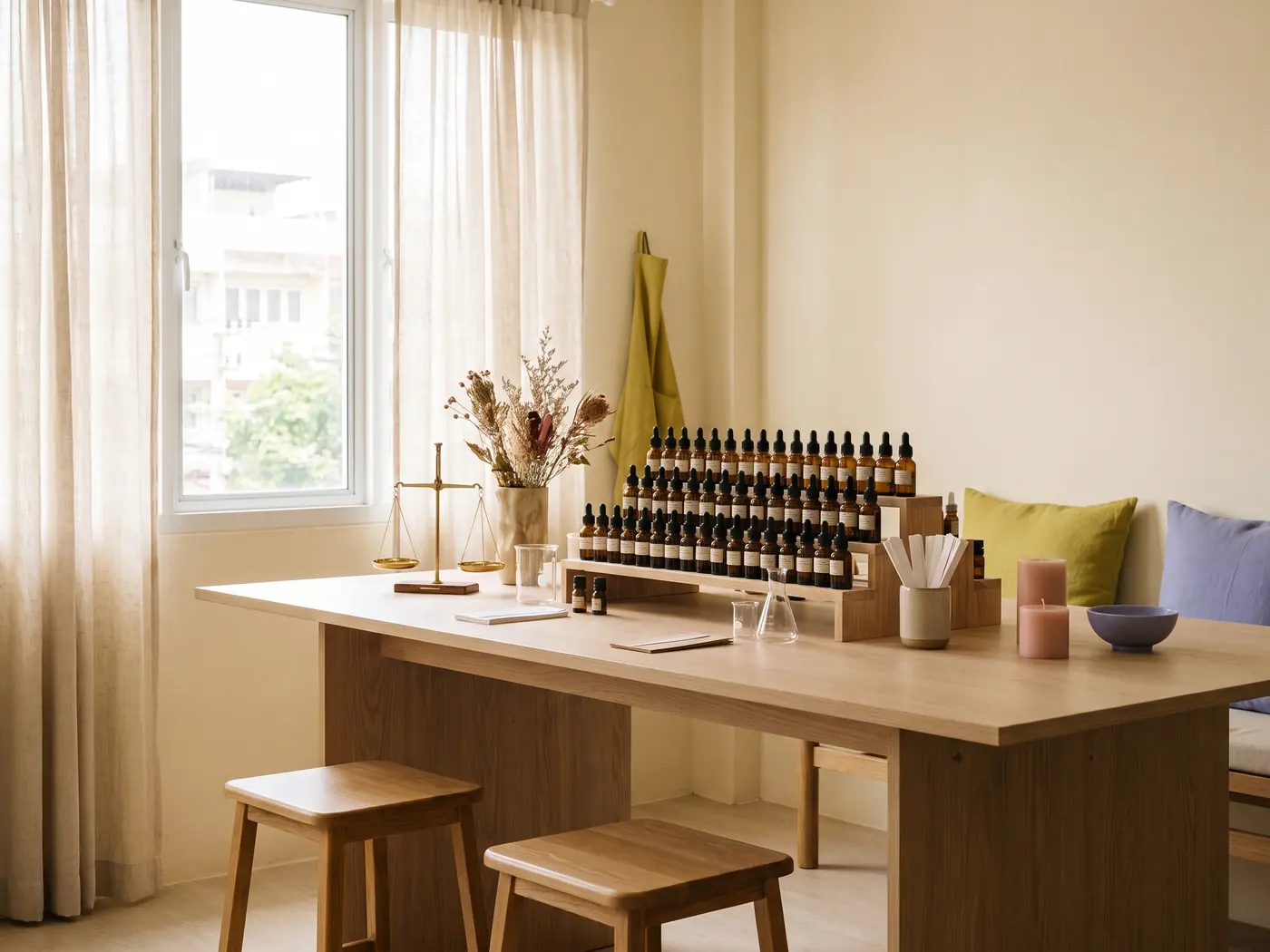 A long worktable holding rows of small amber fragrance bottles, beakers, blotters and finished candles beside a bright window