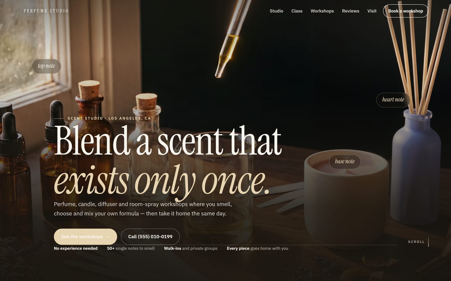 The Perfume Studio homepage on a desktop screen: a dark workbench photograph behind the headline “Blend a scent that exists only once”, with workshop navigation and a call button